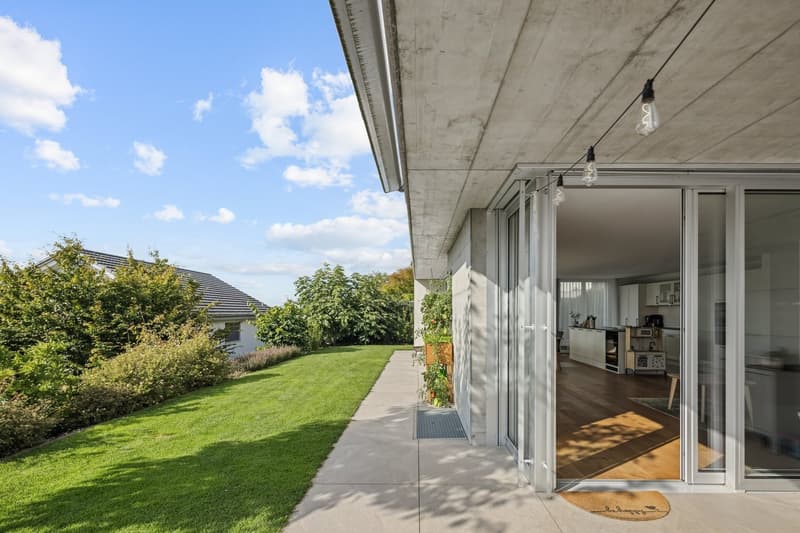 modern house, large windows, open sliding glass door, terrace, grass lawn, plants, concrete walkway
