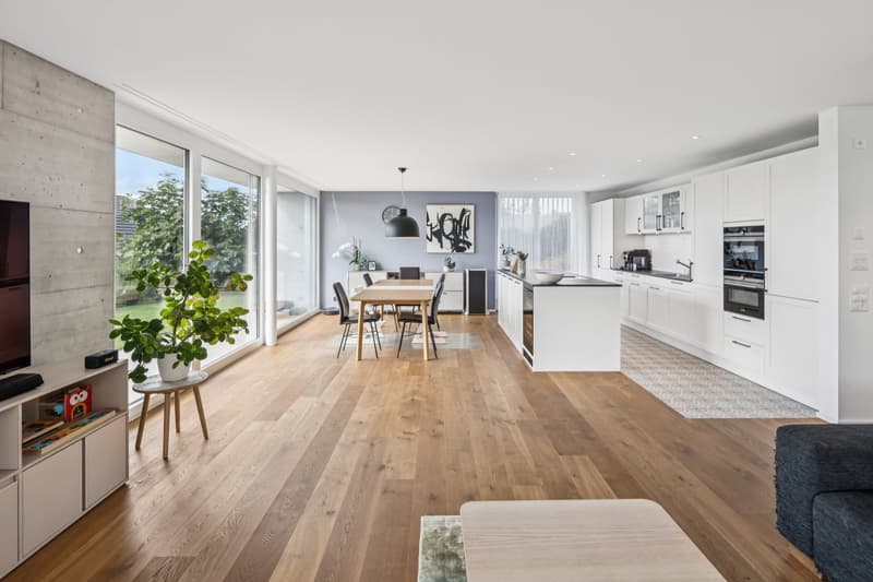 wooden floors, white walls, glass windows, wooden table and chairs, white cabinets, black modern dining lamps, TV, couch, plant