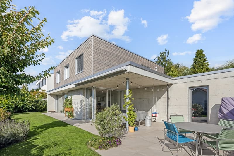 Modern architectural style, gray concrete wall, glass sliding doors, green lawn, outdoor furniture, green plants