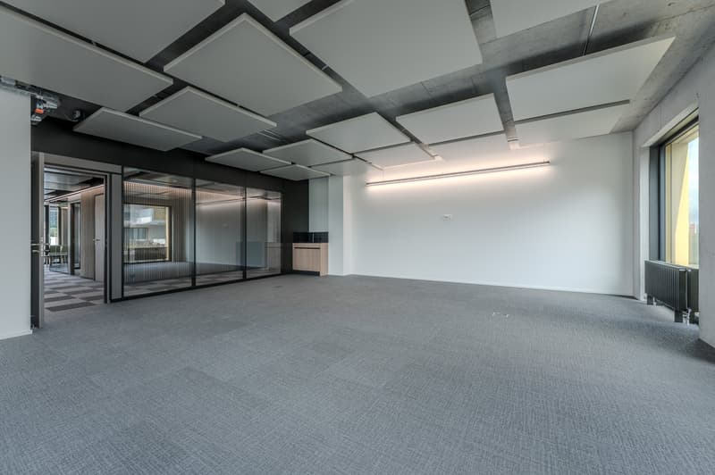 empty room, white walls, gray floor, glass doors, ceiling panels, radiator