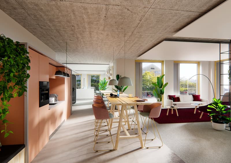 modern kitchen with wooden table, chairs, plants, and appliances
