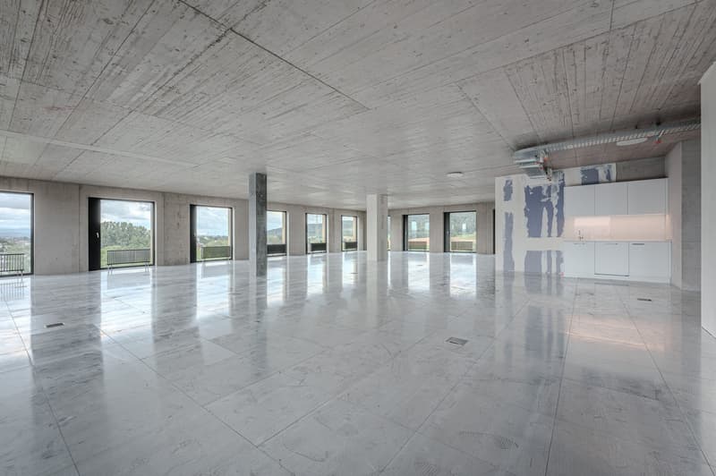 large open space, white tiled floor, large windows, unfinished walls