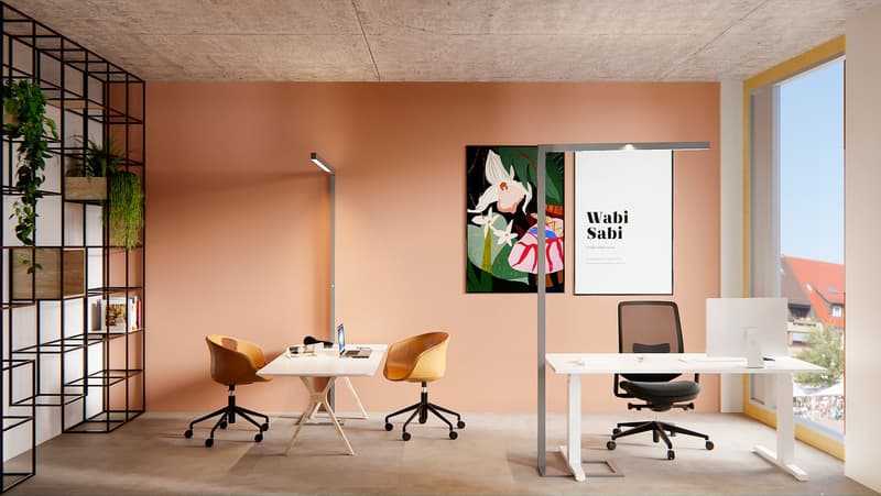 modern office room with two desks, two chairs, a painting, a shelf with plants, and a large window