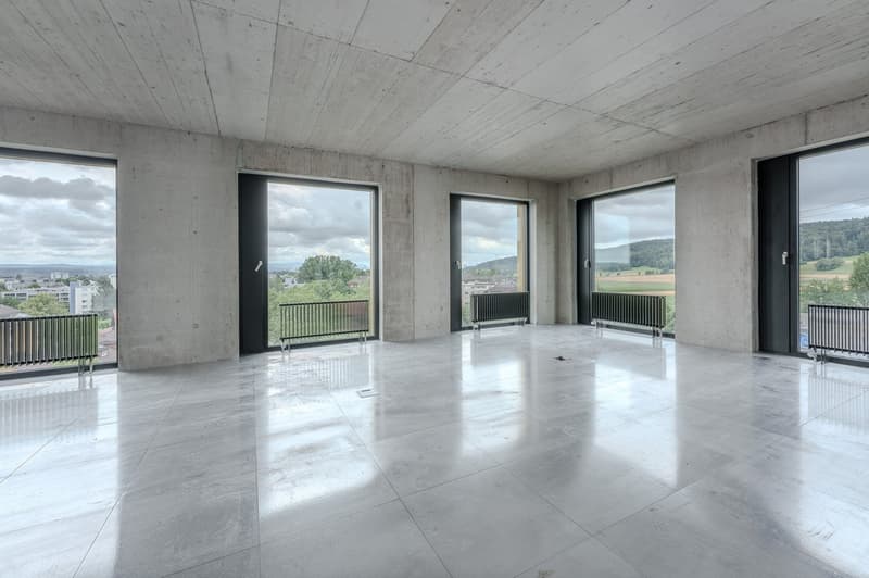 large windows, concrete walls, tiled floor, modern design