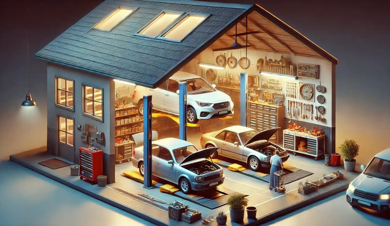 Garage with multiple cars, two on car lifts, tool cabinets, various mechanical tools, shelving, a person working on a car, plants, and parked cars outside.