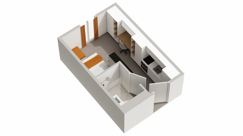 A compact floor plan includes a living area, separate sleeping area, kitchen area with a small desk and shelves, and bathroom.