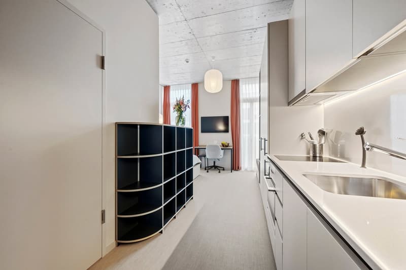 Modern, minimalistic, clean, white interiors, white wooden flooring, open kitchen design, stainless steel sink, large window, white walls, shelves, black office chair, white TV, flower vase, black table, office lamp