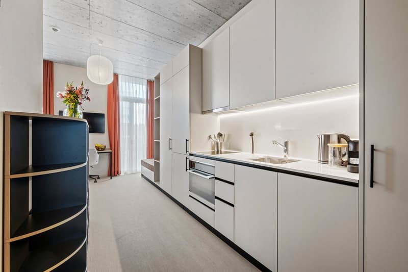 modern, white cabinetry, stainless steel sink, white countertop, built-in oven, floor lamp