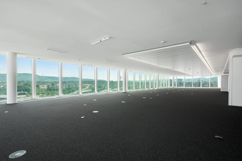 empty room, floor to ceiling windows, dark carpet, white ceiling