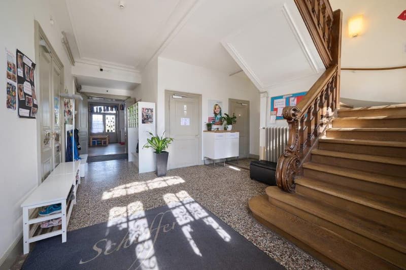 main hallway, wooden staircase, entrance mat, white shoe rack, radiator, plants, bulletin board, lamps