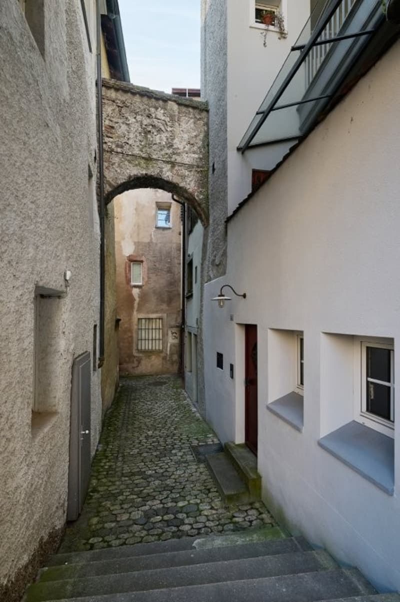 Cobblestone alley, arched entryway, concrete steps, metal railings, windows, doors, and decorative elements