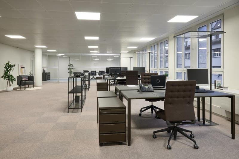 modern open office space, white walls, ceiling lights, beige carpet, several desks with chairs, monitors, keyboards, telephones, shelving units, potted plants, windows