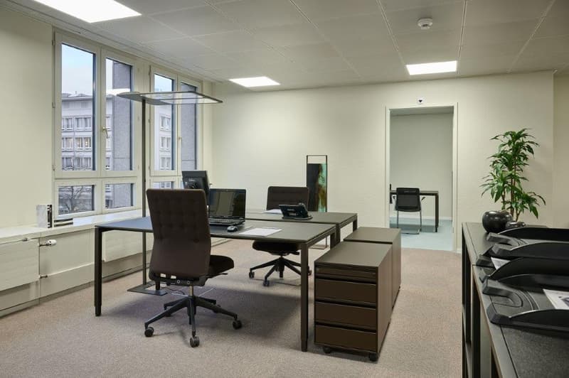 Spacious office with large windows, modern furniture including desks, chairs, and filing cabinets, and a plant for decor.