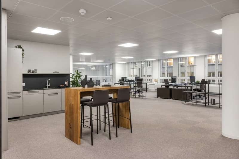 modern kitchen area with a wooden table, grey cabinets, plants, faucet, monitors, desks, chairs, surveillance camera