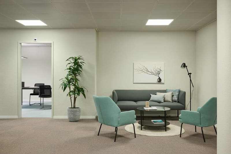 Spacious office with gray sofa, teal armchairs, coffee table, potted plant, and artwork on the wall. The room has recessed lighting and a door leading to another room.