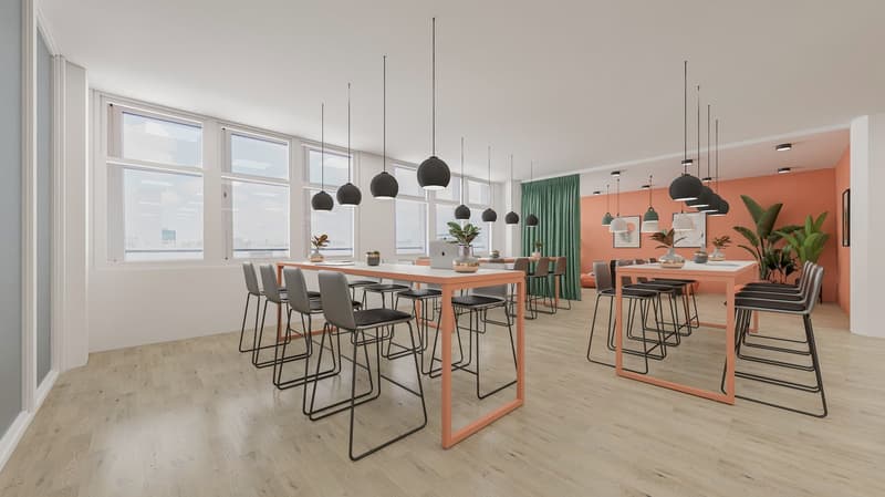 Large dining room with floor-to-ceiling windows, wooden dining table with black chairs, pendant lighting fixtures, and potted plants decorating the space.