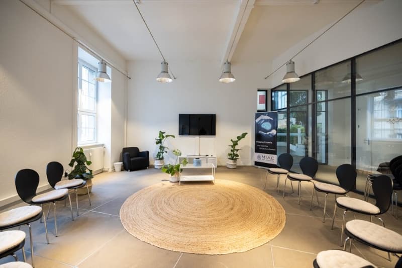 white walls, glass windows, round beige rug, suspended lamps, black chairs, white desk, potted plants, mounted TV, white radiator, advertisement banners