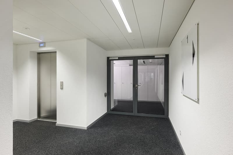 The image shows a modern office space with a white walls, a black and glass double door entrance, and a carpeted floor. The room has recessed lighting and appears to be a commercial or professional setting.