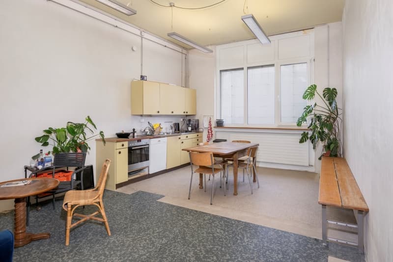 kitchen with dining area, wooden table, chairs, wooden bench, plants, cabinets, oven, sink, radiator, windows