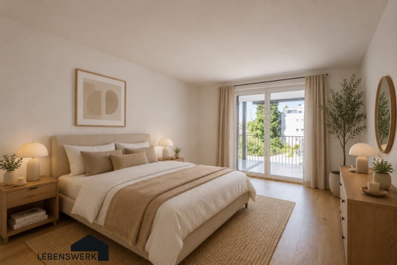 Helles Schlafzimmer mit direktem Balkonzugang ein stilvoller Rückzugsort zum Wohlfühlen.