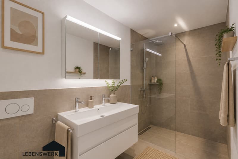 Modernes Badezimmer mit grosszügiger Walk-in-Dusche stilvoll, hochwertig und zeitlos gestaltet.