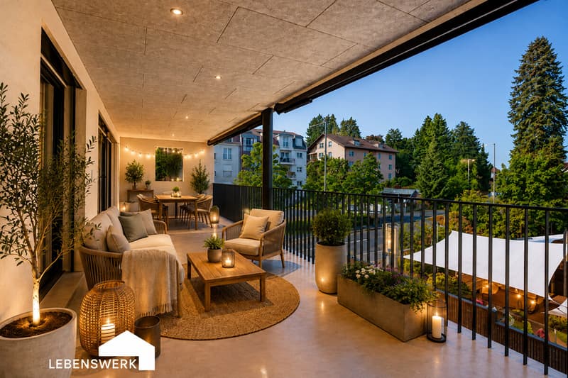 Stimmungsvolle Abendstunden auf dem grosszügigen Balkon ein besonderer Rückzugsort zum Entspannen und Geniessen