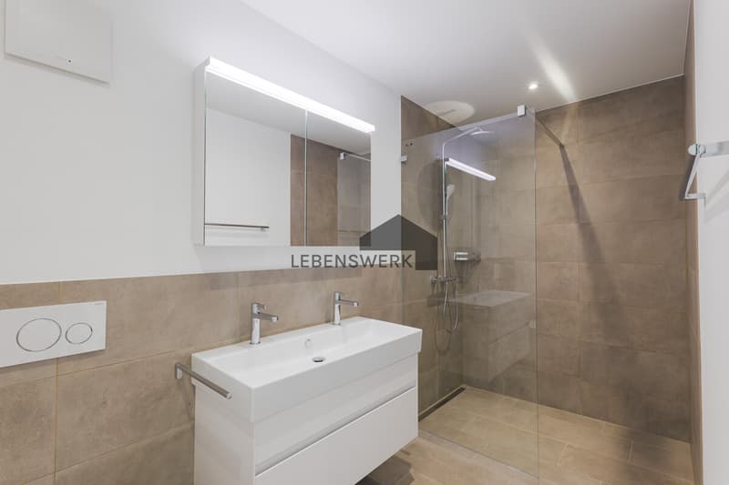 Modernes Badezimmer mit grosszügiger Walk-in-Dusche stilvoll, hochwertig und zeitlos gestaltet.