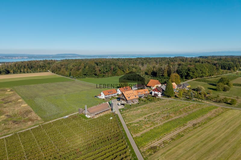Eingebettet in Wiesen und Felder: der idyllische Weiler Lanzendorn aus der Vogelperspektive.