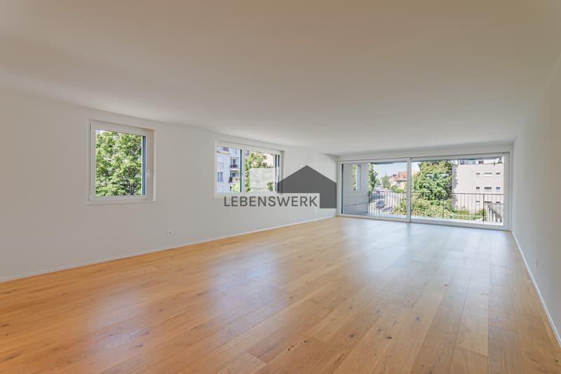 Grosszügiger Wohn- und Essbereich mit viel Tageslicht offen gestaltet und mit direktem Zugang zum Balkon.