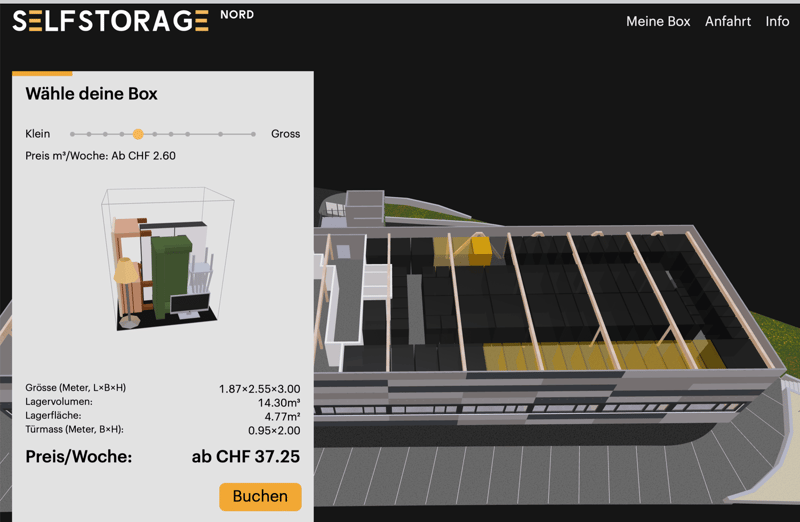 The image shows a floor plan for a self-storage facility. It displays the dimensions of the storage unit, including the size (1.87x2.55x3.00 meters), storage volume (14.30 cubic meters), and floor area (4.77 square meters). The unit also has a turntable w