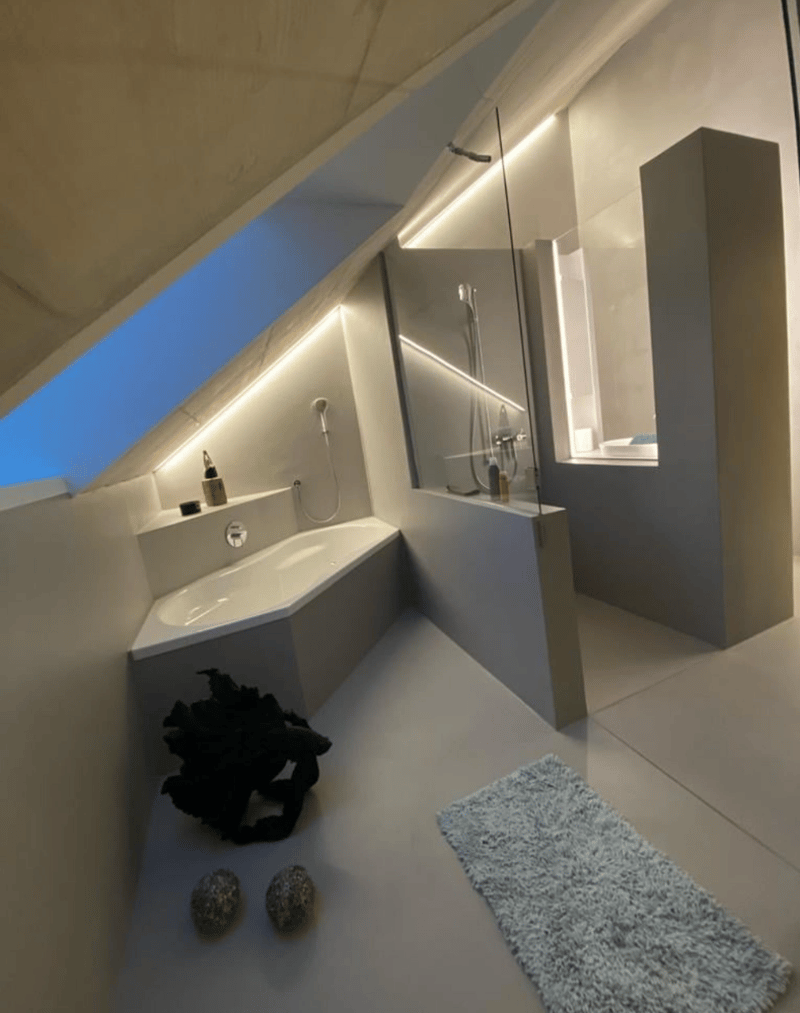 sloping ceiling, glass shower enclosure, bathtub, two stone weights, skylight