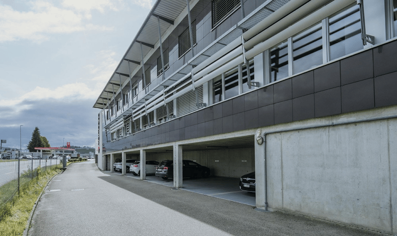 Modern building with multiple parking garages