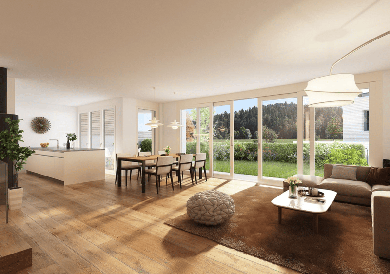 Open floor plan living room, dining room and kitchen. Large windows, wooden floor, modern decor, table and chairs.