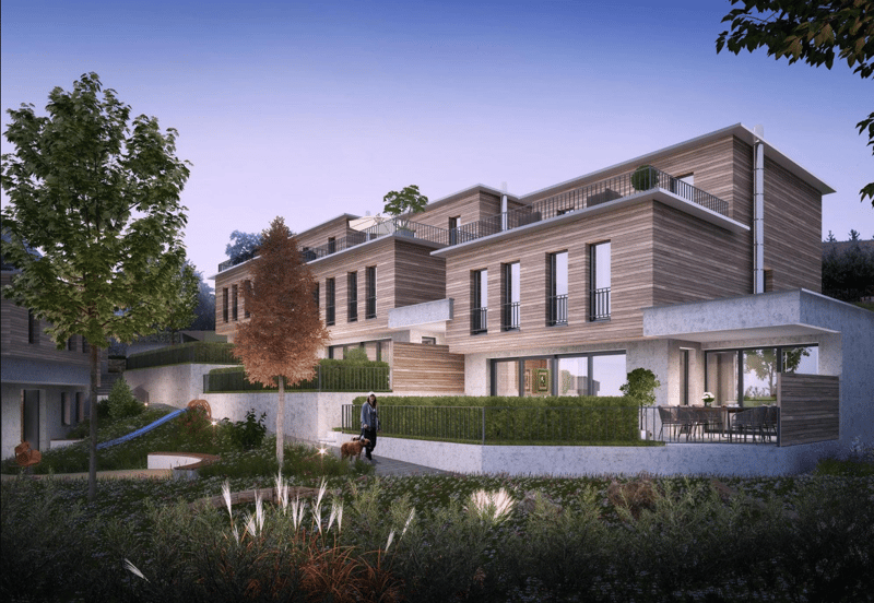 Three story house, brown wood, large windows, balcony, garden