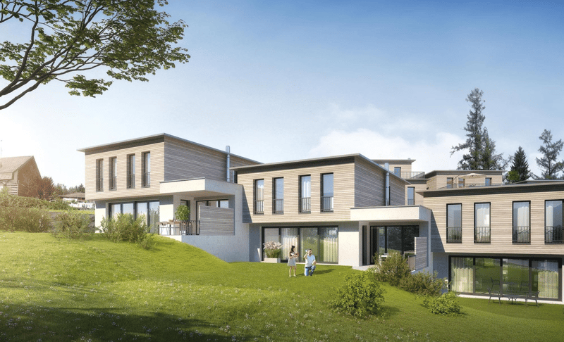 modern architecture, large windows, balconies, terrace, landscaped garden