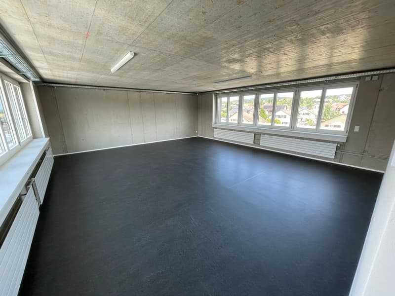 empty room with large windows, concrete floor, large ceiling lamp, white walls, white window frames, and white radiators
