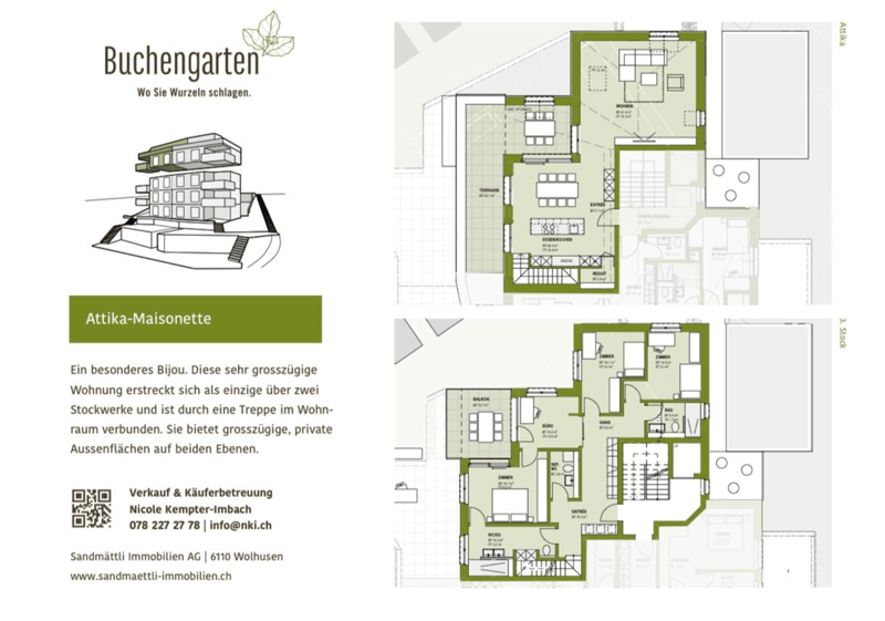 Attika-Maisonette with two floors, living room, kitchen, bathroom, balcony, terrace, entrance