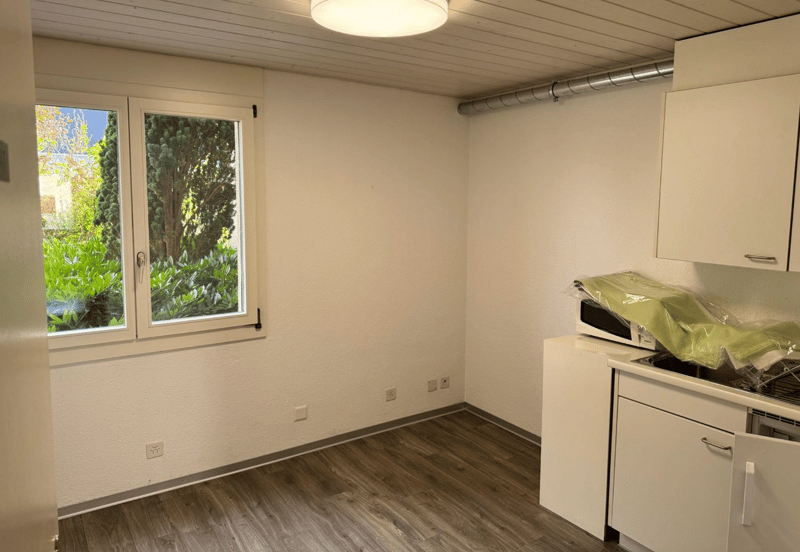 empty room, wooden floor, double-glazed window, white kitchen with sink and microwave, power outlets on the wall