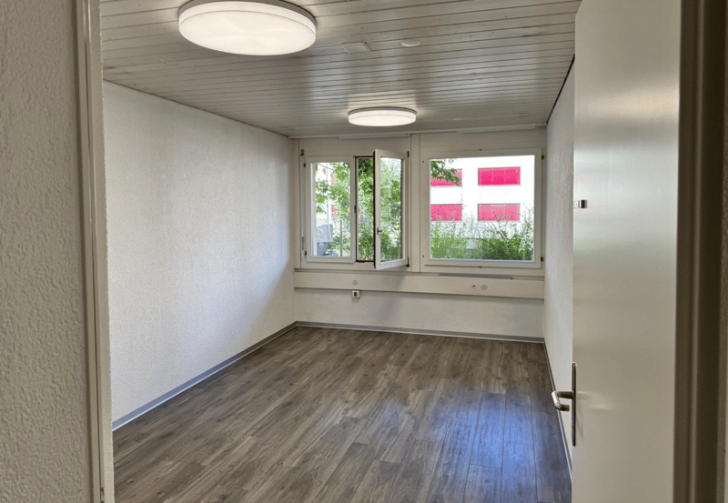 an empty room with white walls, wooden floor, two windows with balcony, two ceiling lights