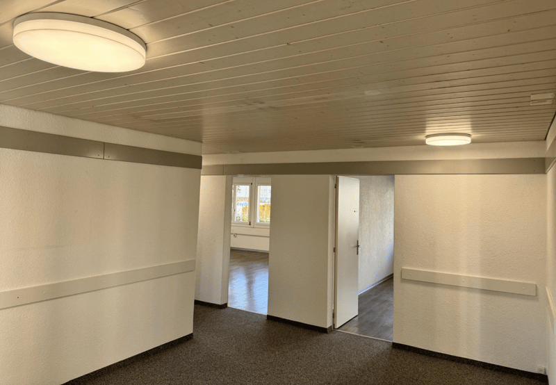 Empty room, light wooden ceiling, white walls, open door, carpet floor