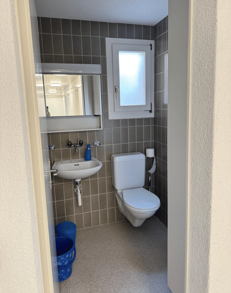 bathroom with white sink, white toilet, small window, mirror, blue buckets on the floor