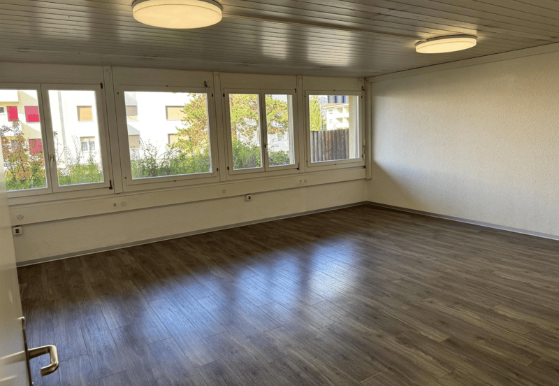 Empty room with large windows, ceiling mounted lights, wooden floors, and white walls.
