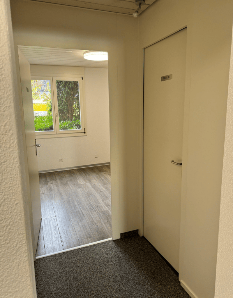 empty room with white walls and flooring, entrance with a white carpet, window, lamp
