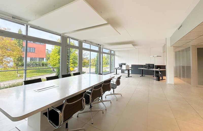 large room, long white table, black chairs, large windows, office desks, computer monitors
