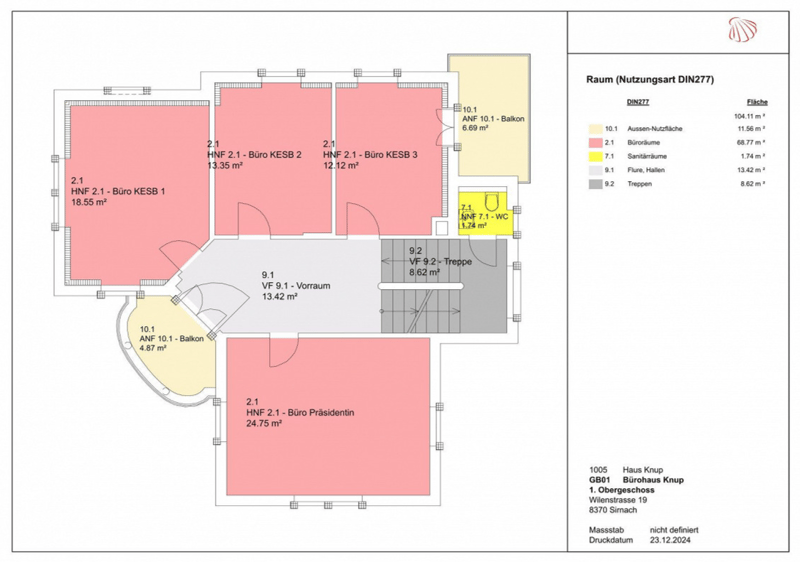 Office space plan showing divisions for offices, meeting rooms, entrance, and utility areas, including a balcony