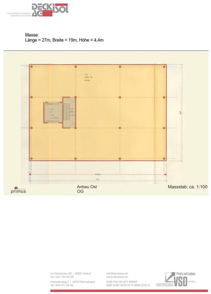 Floor plan of building with dimension marked and labeled as east, main area labeled as construction east, dimensions are given as length 27m, width 19m and height 4.4m.