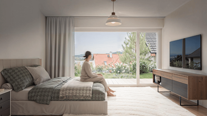 Bed on white platform, wooden floor, sliding glass door to balcony, TV mounted on wall, floor to ceiling windows, person sitting on bed