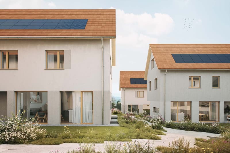 New modern townhouses with solar panels on the roof