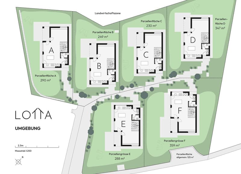 The floor plan includes multiple buildings with various room configurations and sizes, agricultural zone, access roads, parking spaces, and yard areas.