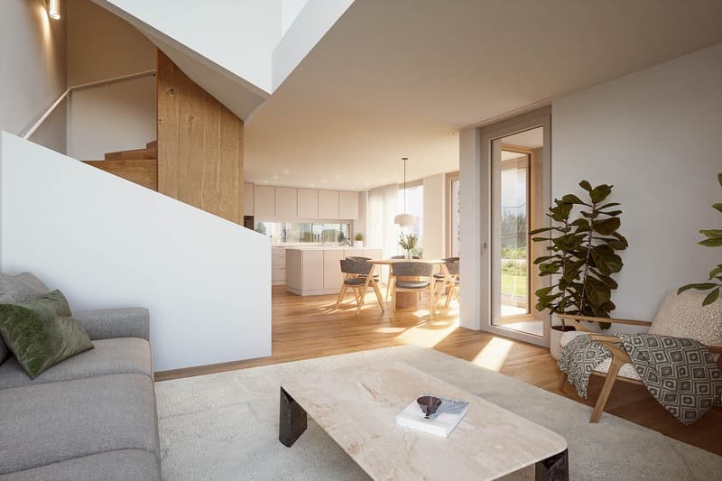 White room with wooden floor, stairs, open living dining area, glass door, wooden chairs, round table